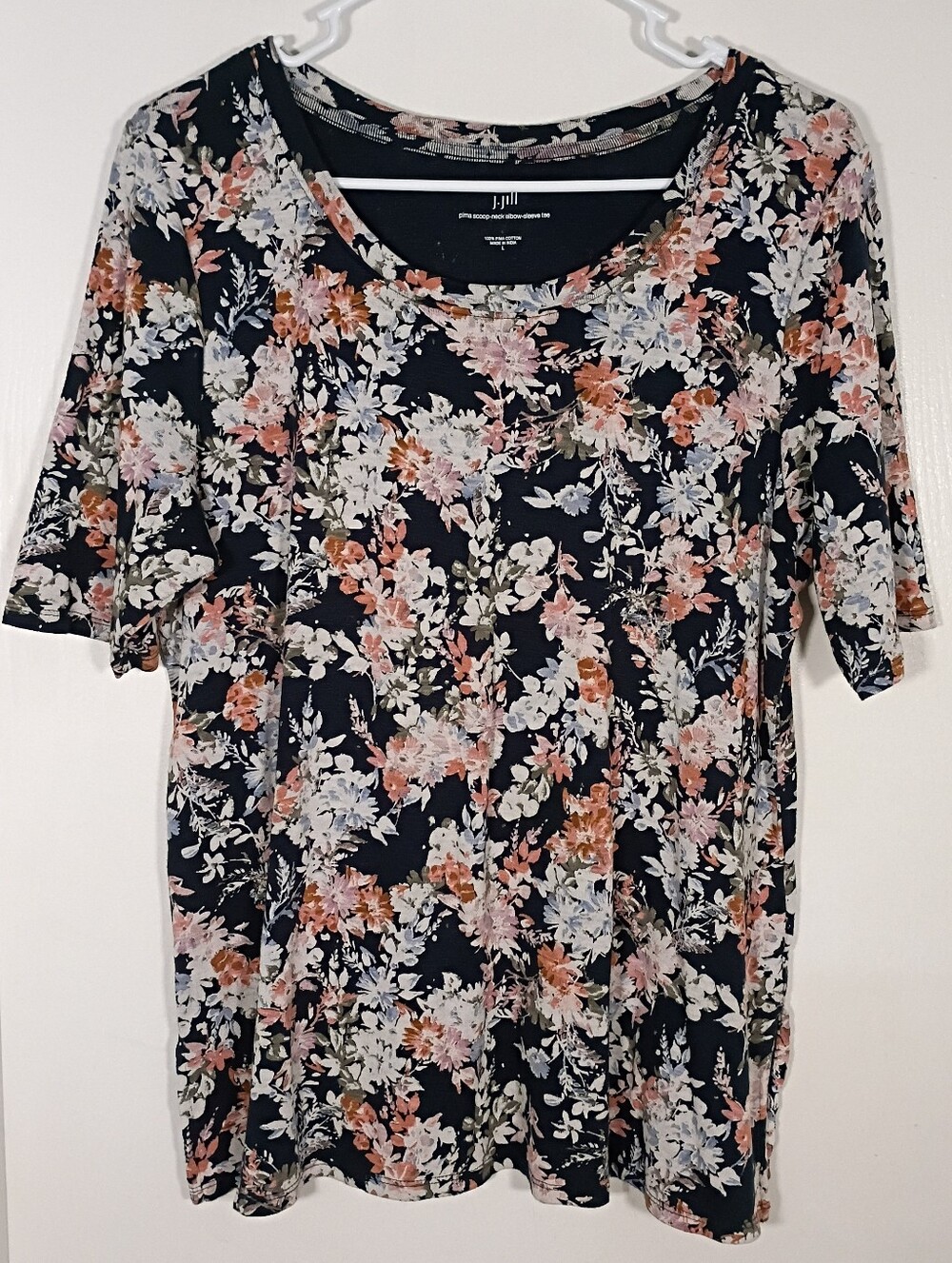 J. Jill Pima Scoop Neck Elbow Sleeve Tee Women's L Floral Pima Cotton Blue Top